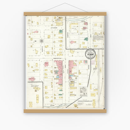 Old map wall art mockup — magnetic wood frame on white wall — Sanborn Fire Insurance Map from Wyoming, Jones County, Iowa (1905), Sheet #0001