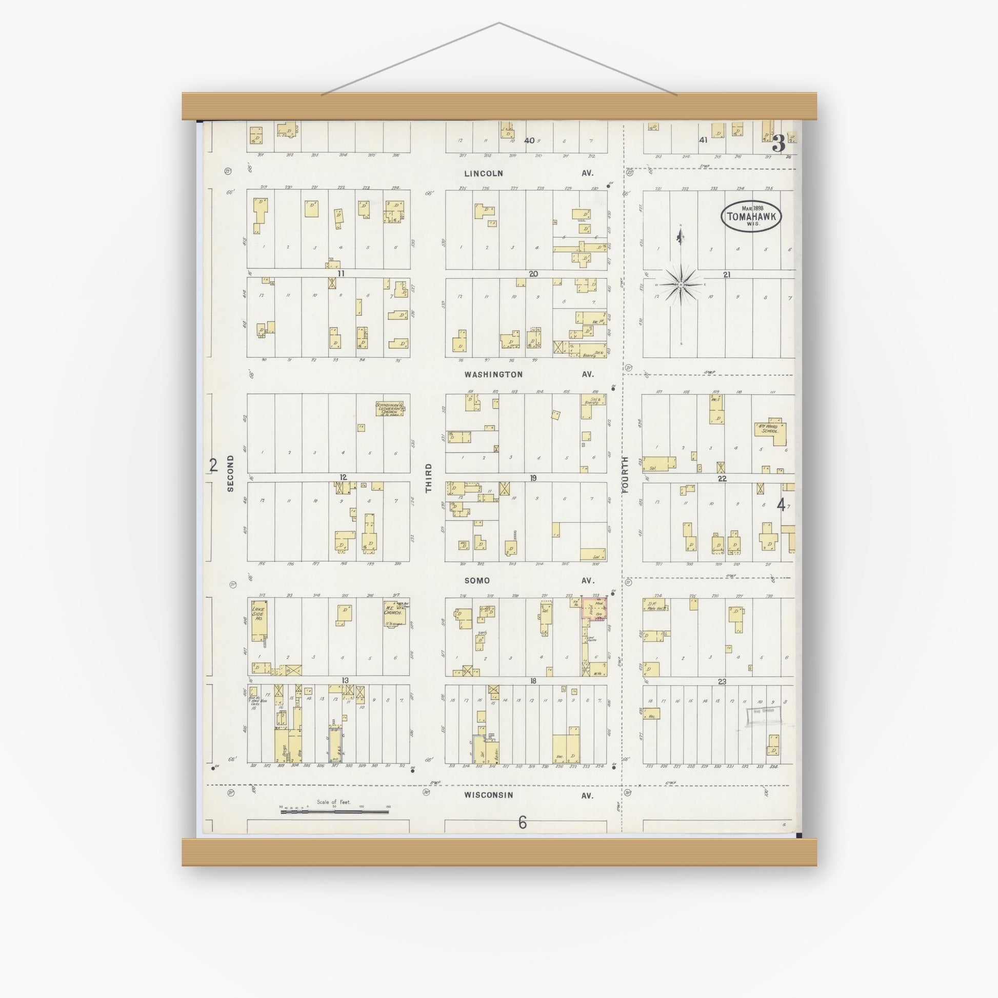 Old map wall art mockup — magnetic wood frame on white wall — Sanborn Fire Insurance Map from Tomahawk, Lincoln County, Wisconsin (1898), Sheet #0003
