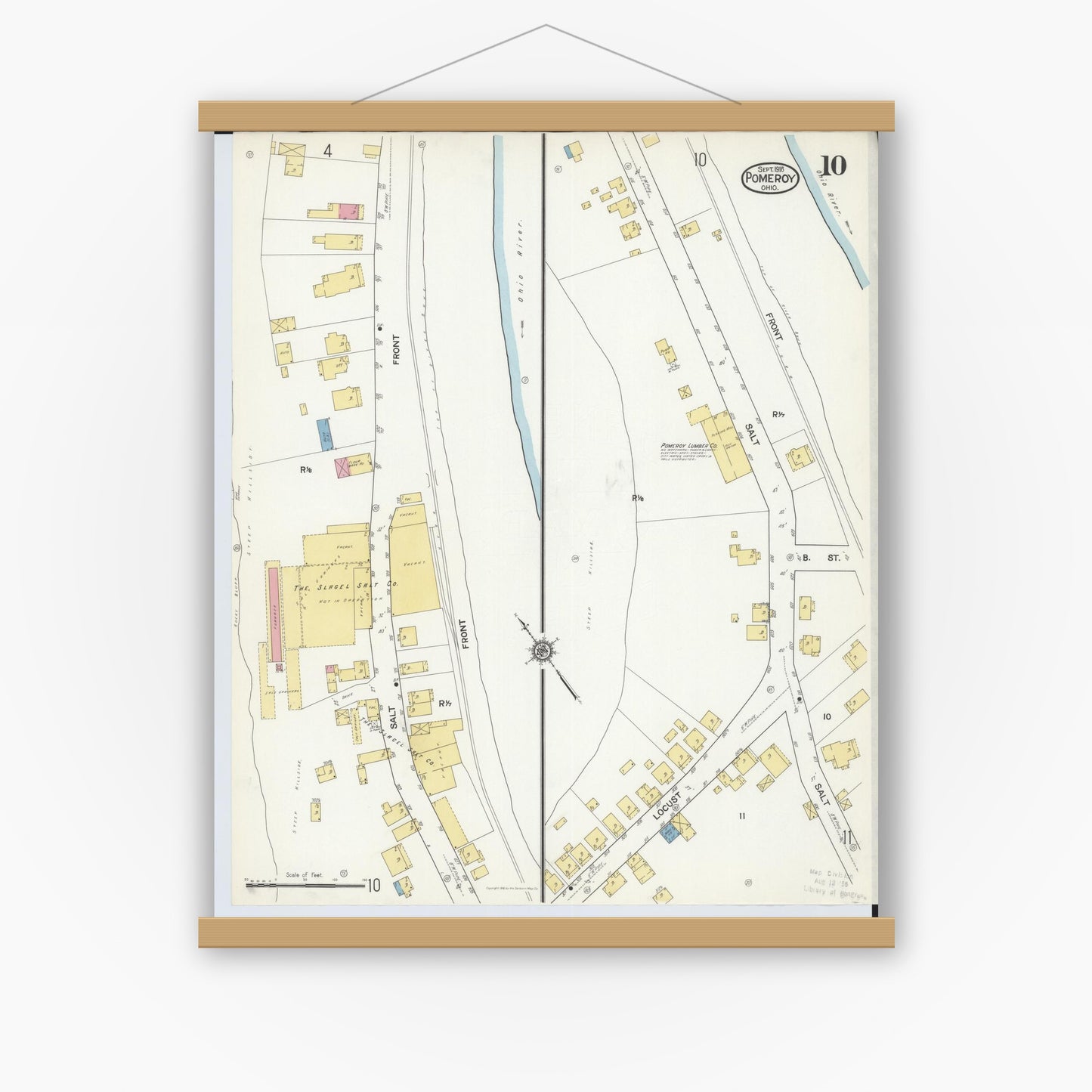 Old map wall art mockup — magnetic wood frame on white wall — Sanborn Fire Insurance Map from Pomeroy, Meigs County, Ohio (1916), Sheet #0010