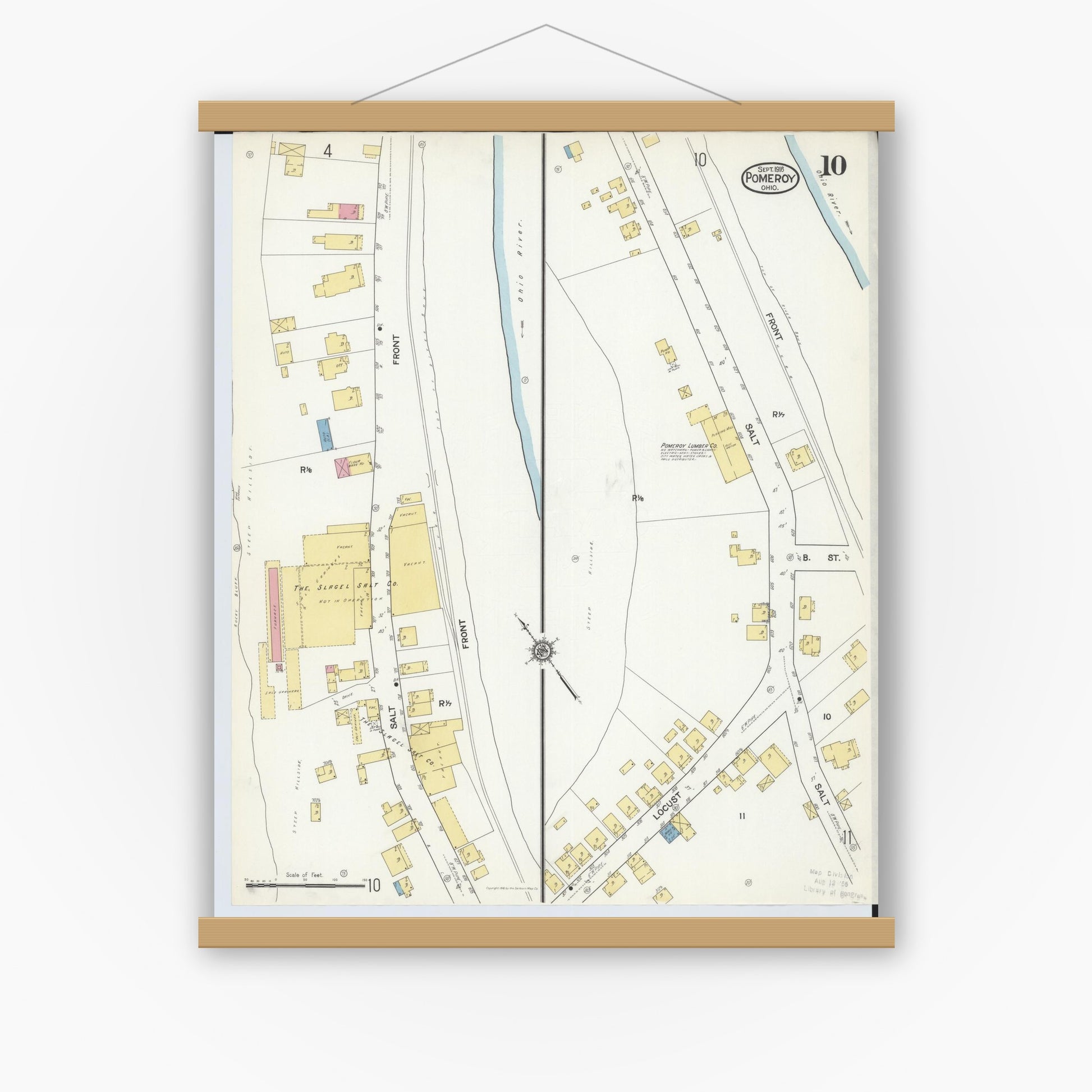Old map wall art mockup — magnetic wood frame on white wall — Sanborn Fire Insurance Map from Pomeroy, Meigs County, Ohio (1916), Sheet #0010