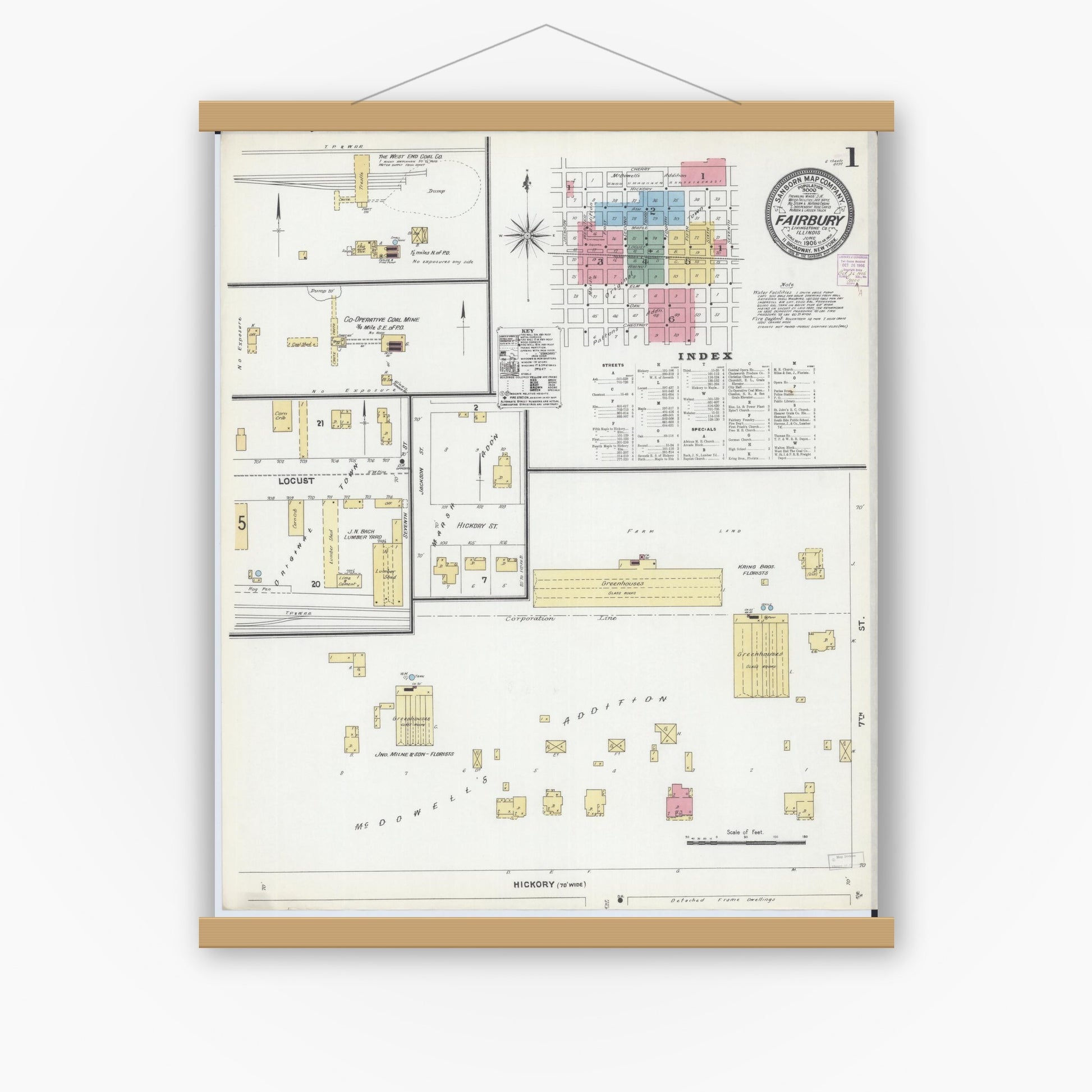 Old map wall art mockup — magnetic wood frame on white wall — Sanborn Fire Insurance Map from Fairbury, Livingston County, Illinois (1906) - Complete Map Set