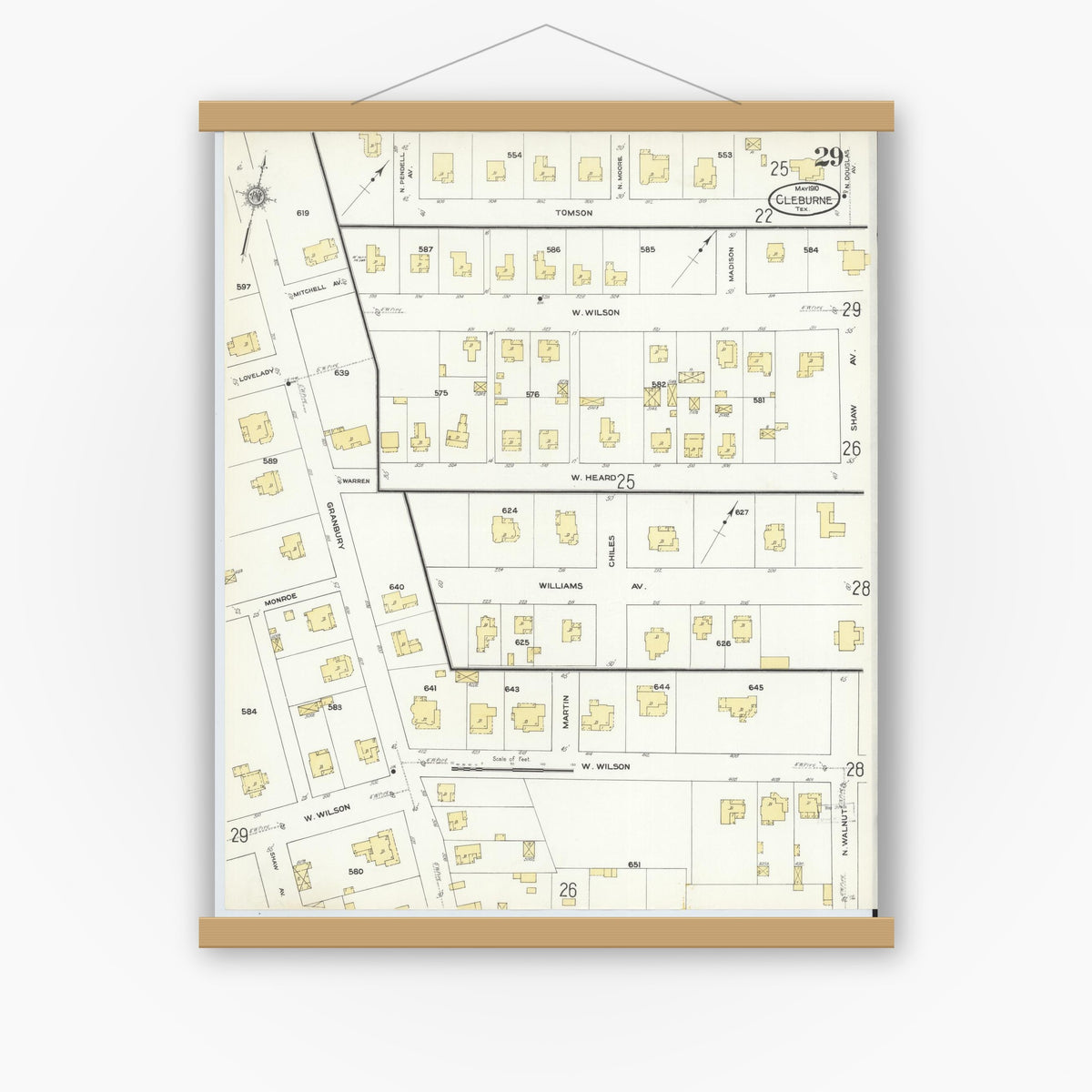 Old map wall art mockup — magnetic wood frame on white wall — Sanborn Fire Insurance Map from Cleburne, Johnson County, Texas (1910), Sheet #0029