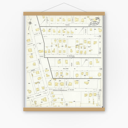 Old map wall art mockup — magnetic wood frame on white wall — Sanborn Fire Insurance Map from Cleburne, Johnson County, Texas (1910), Sheet #0029