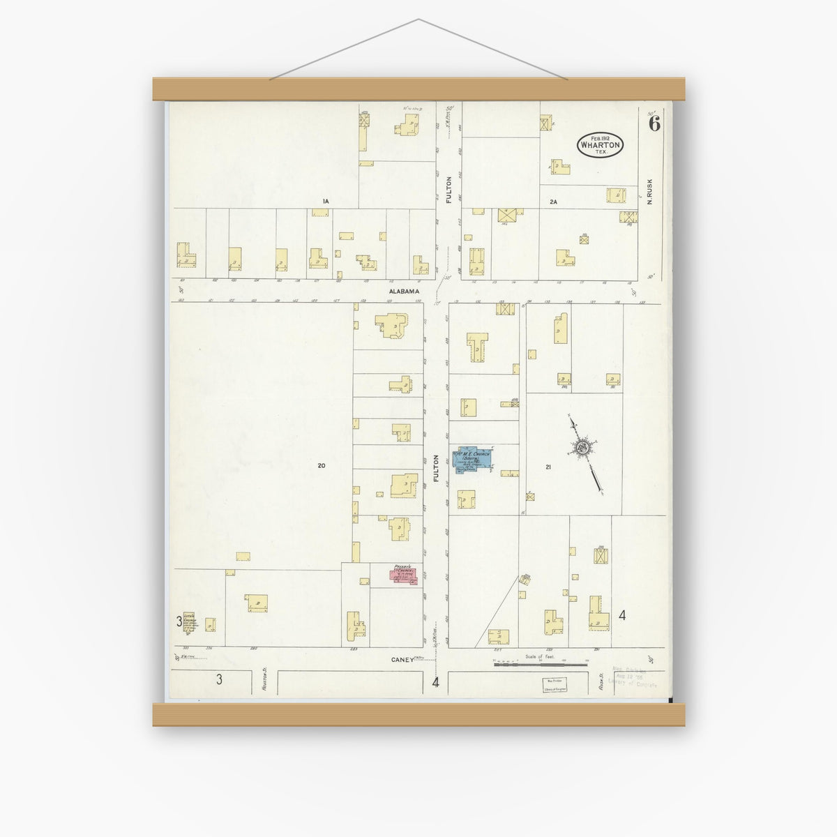 Old map wall art mockup — magnetic wood frame on white wall — Sanborn Fire Insurance Map from Wharton, Wharton County, Texas (1912), Sheet #0007