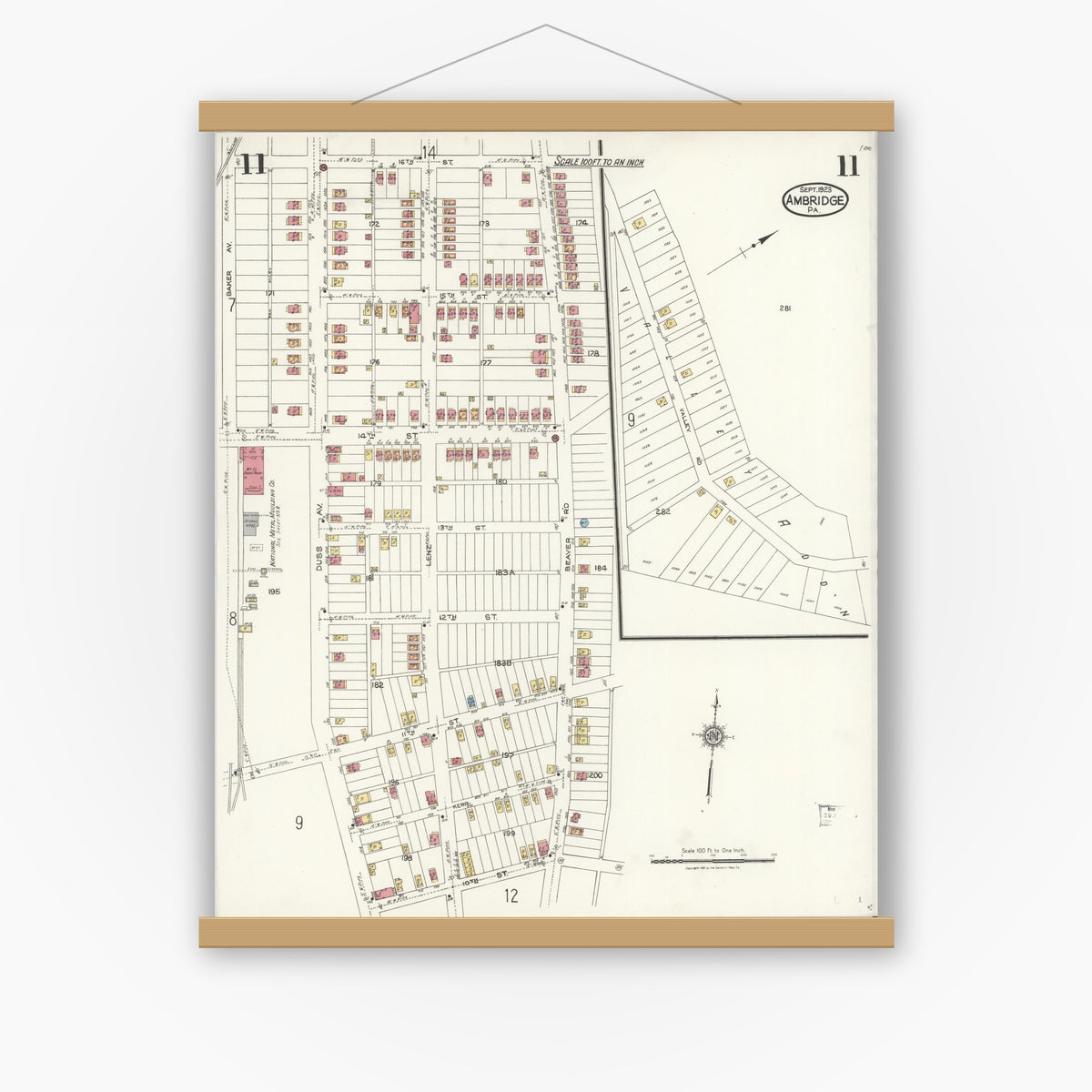 Old map wall art mockup — magnetic wood frame on white wall — Sanborn Fire Insurance Map from Ambridge, Beaver County, Pennsylvania (1923), Sheet #0011