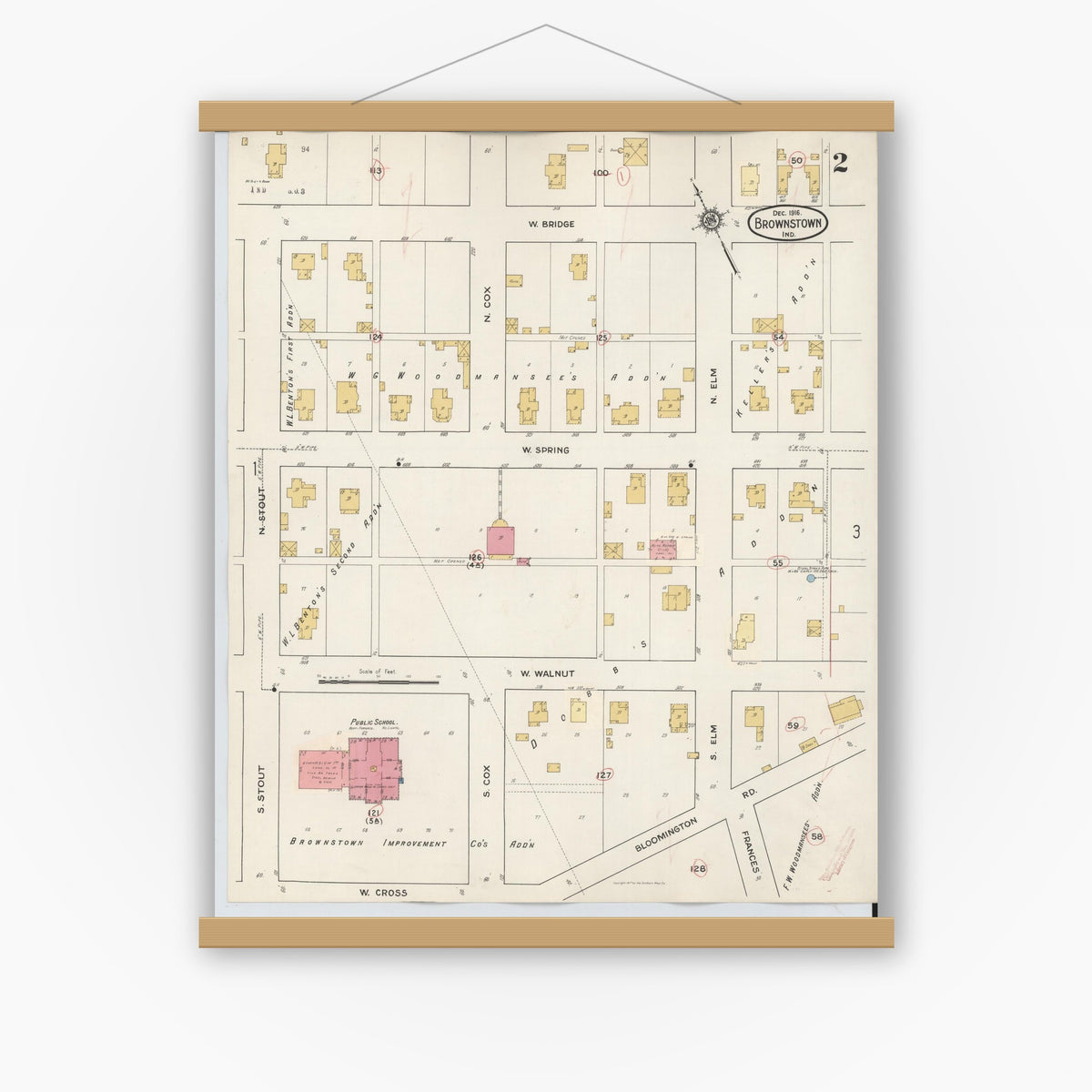 Old map wall art mockup — magnetic wood frame on white wall — Sanborn Fire Insurance Map from Brownstown, Jackson County, Indiana (1933), Sheet #0002