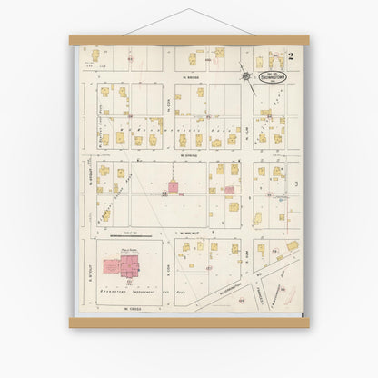 Old map wall art mockup — magnetic wood frame on white wall — Sanborn Fire Insurance Map from Brownstown, Jackson County, Indiana (1933), Sheet #0002