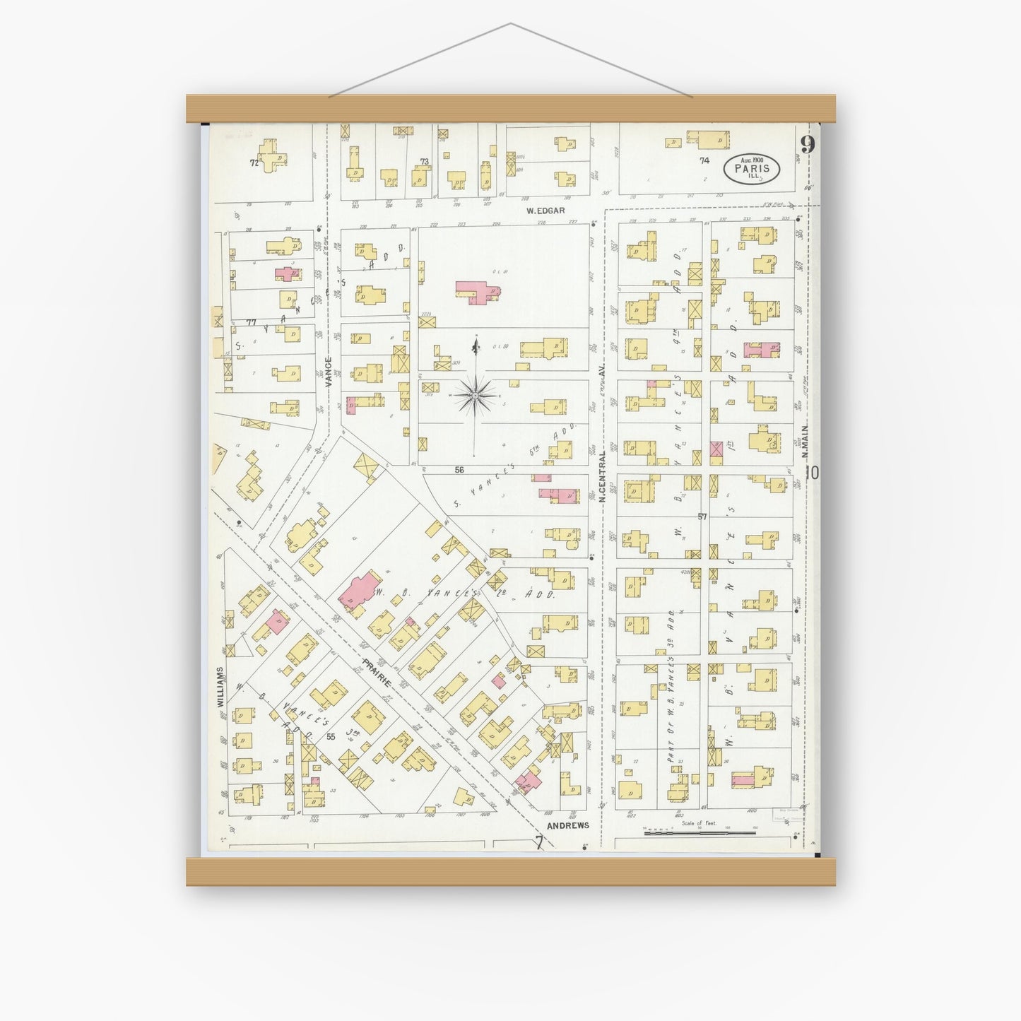 Old map wall art mockup — magnetic wood frame on white wall — Sanborn Fire Insurance Map from Paris, Edgar County, Illinois (1900), Sheet #0009
