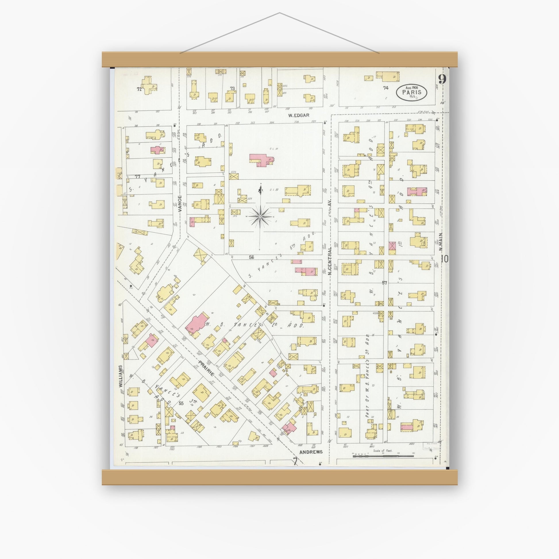 Old map wall art mockup — magnetic wood frame on white wall — Sanborn Fire Insurance Map from Paris, Edgar County, Illinois (1900), Sheet #0009