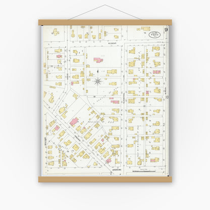 Old map wall art mockup — magnetic wood frame on white wall — Sanborn Fire Insurance Map from Paris, Edgar County, Illinois (1900), Sheet #0009
