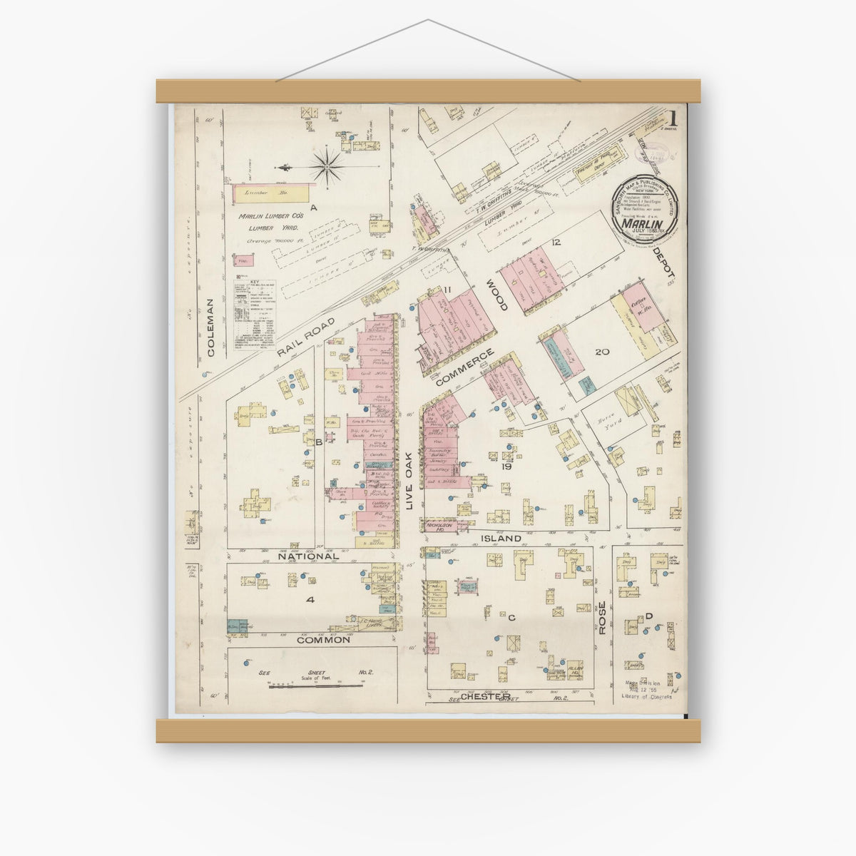 Old map wall art mockup — magnetic wood frame on white wall — Sanborn Fire Insurance Map from Marlin, Falls County, Texas (1885), Sheet #0001