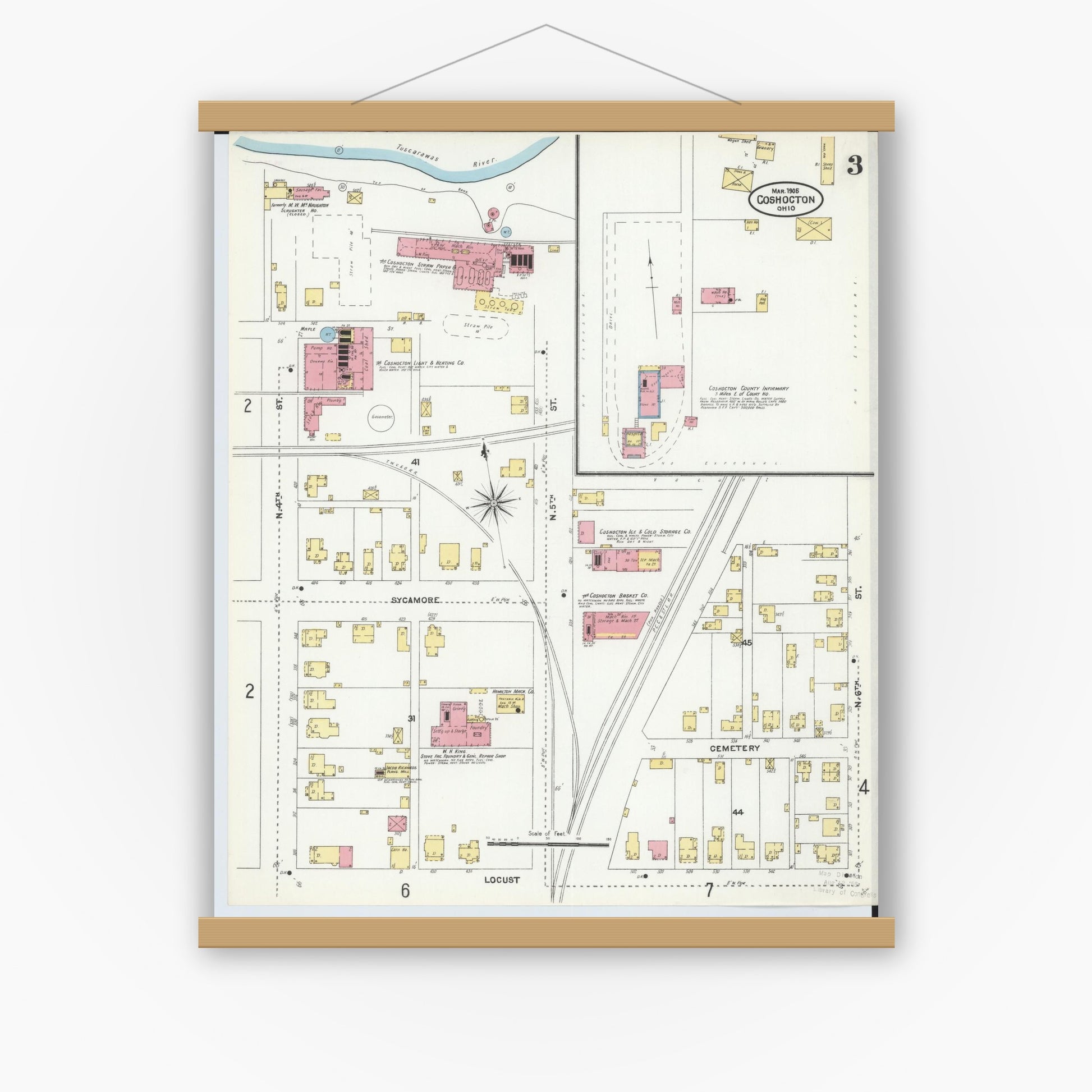 Old map wall art mockup — magnetic wood frame on white wall — Sanborn Fire Insurance Map from Coshocton, Coshocton County, Ohio (1905), Sheet #0003