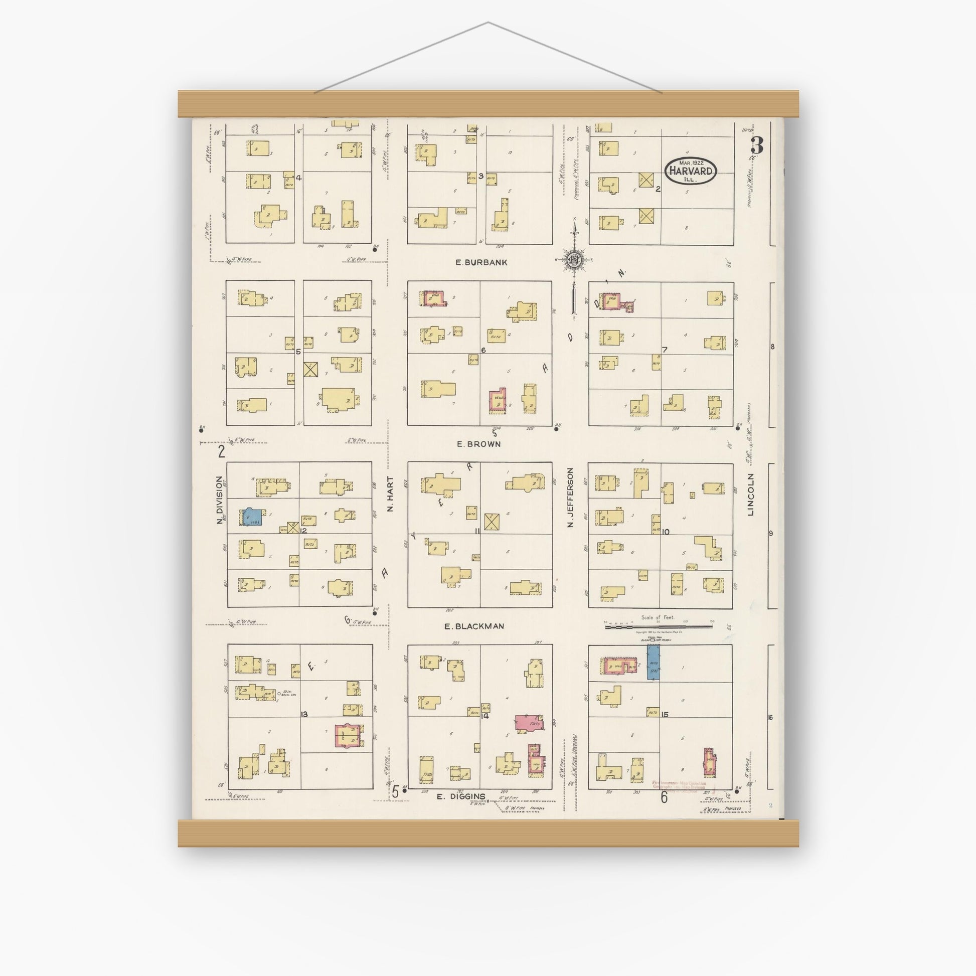 Old map wall art mockup — magnetic wood frame on white wall — Sanborn Fire Insurance Map from Harvard, McHenry County, Illinois (1922), Sheet #0003