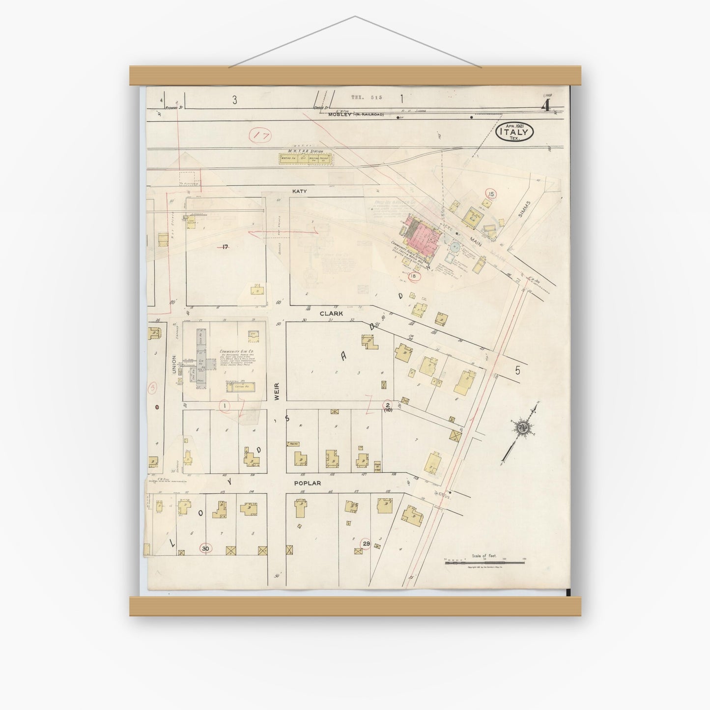 Old map wall art mockup — magnetic wood frame on white wall — Sanborn Fire Insurance Map from Italy, Ellis County, Texas (1944), Sheet #0004