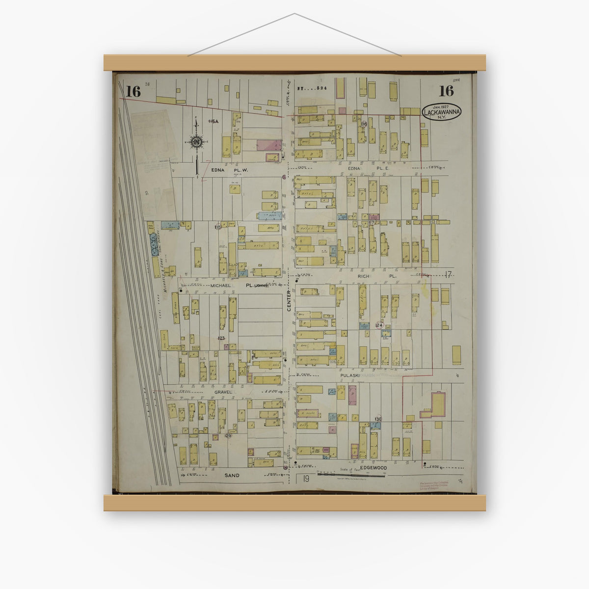 Old map wall art mockup — magnetic wood frame on white wall — Sanborn Fire Insurance Map from Lackawanna, Erie County, New York (1950), Sheet #0016