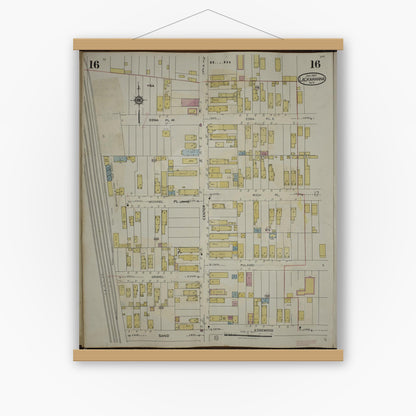 Old map wall art mockup — magnetic wood frame on white wall — Sanborn Fire Insurance Map from Lackawanna, Erie County, New York (1950), Sheet #0016