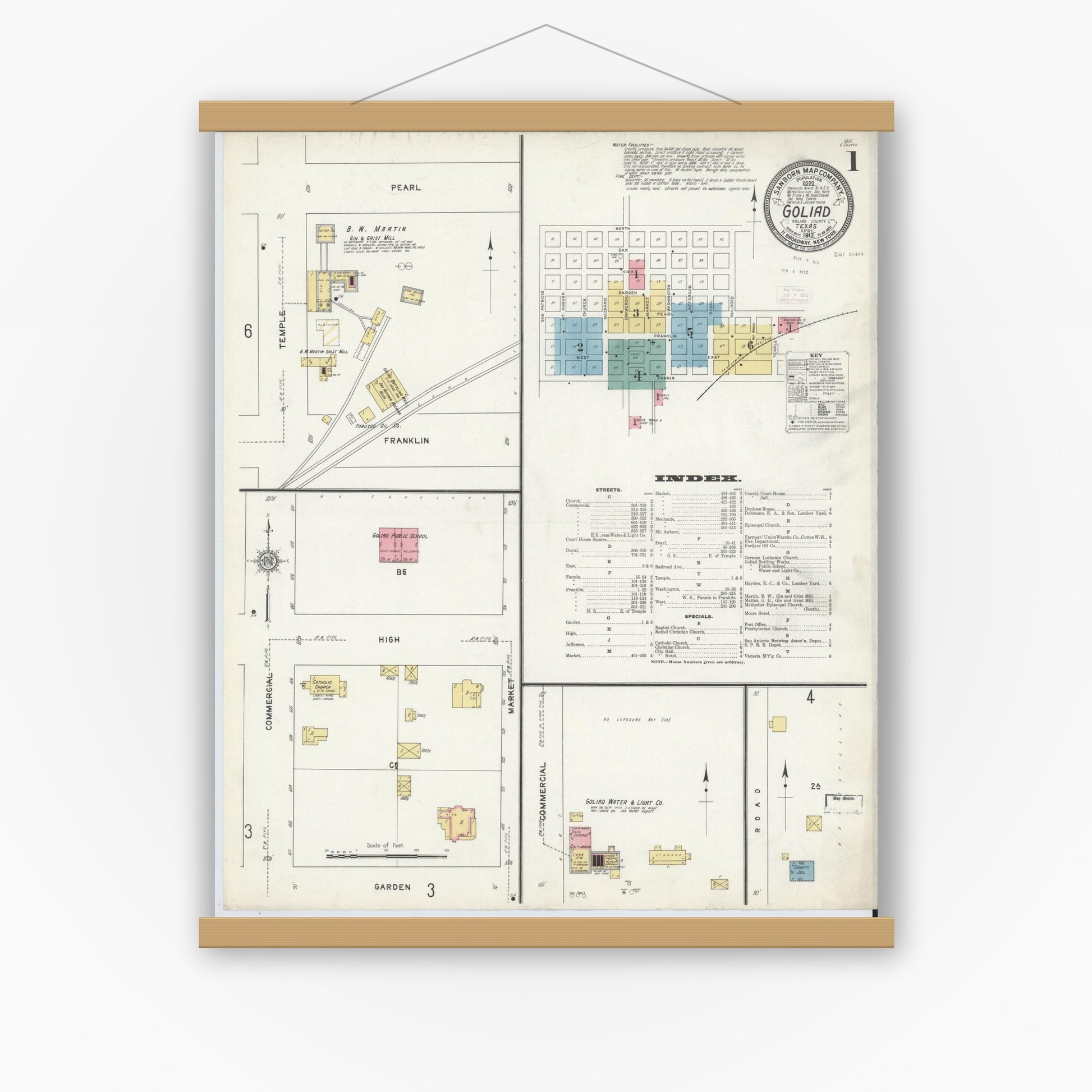 Old map wall art mockup — magnetic wood frame on white wall — Sanborn Fire Insurance Map from Goliad, Goliad County, Texas (1912), Sheet #0001