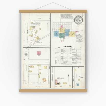 Old map wall art mockup — magnetic wood frame on white wall — Sanborn Fire Insurance Map from Goliad, Goliad County, Texas (1912), Sheet #0001