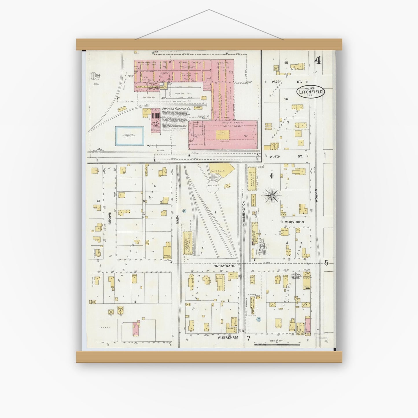 Old map wall art mockup — magnetic wood frame on white wall — Sanborn Fire Insurance Map from Litchfield, Montgomery County, Illinois (1905), Sheet #0004