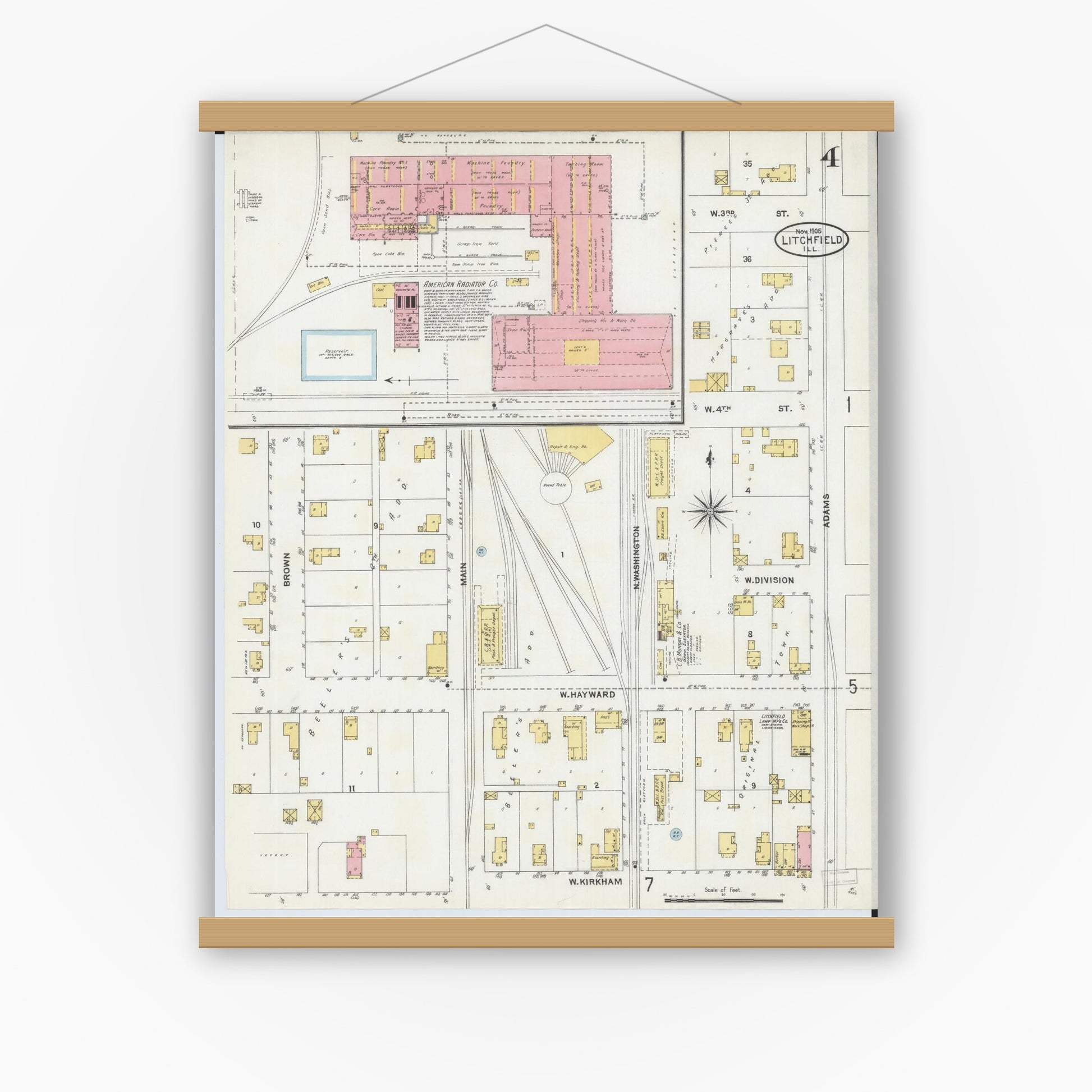 Old map wall art mockup — magnetic wood frame on white wall — Sanborn Fire Insurance Map from Litchfield, Montgomery County, Illinois (1905), Sheet #0004