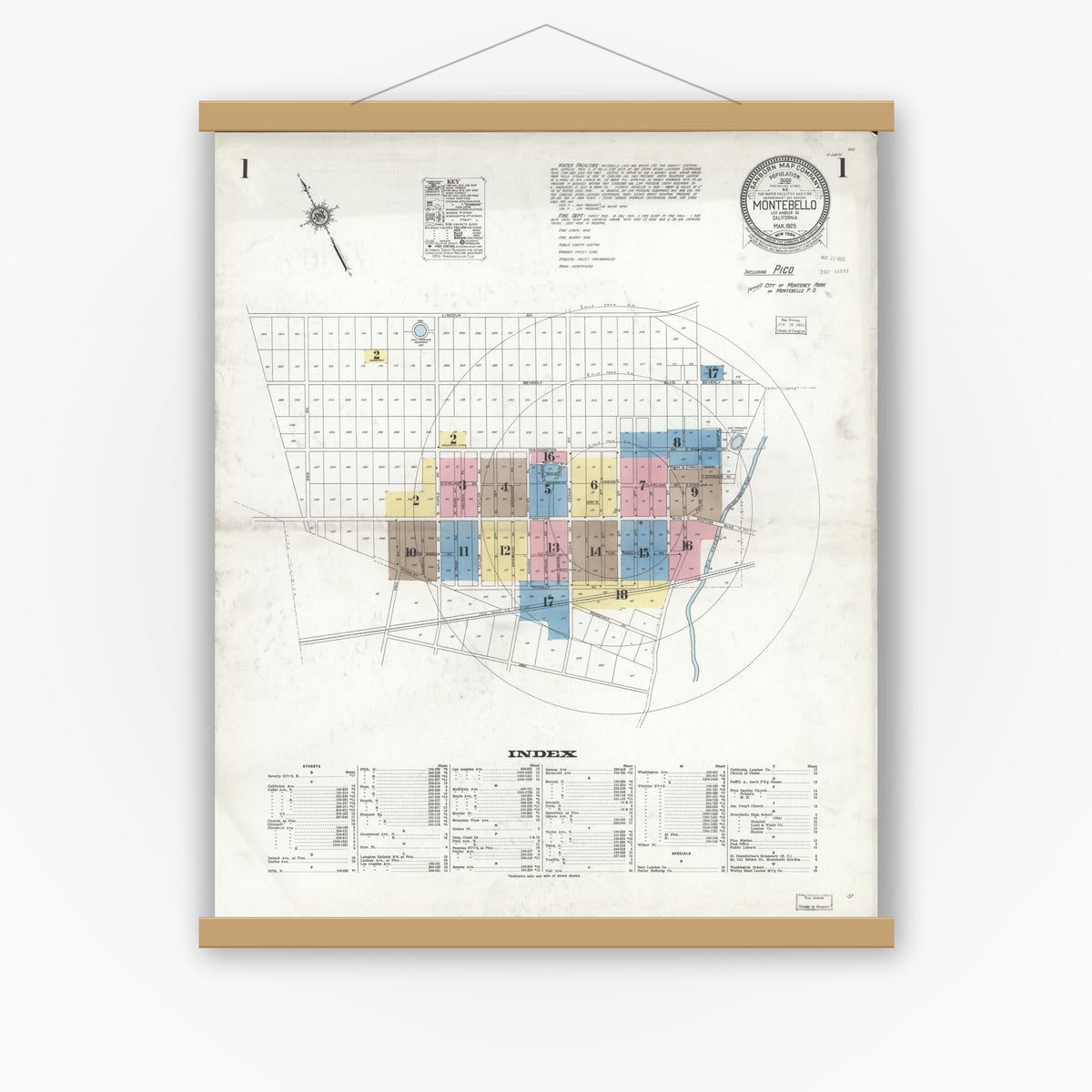Old map wall art mockup — magnetic wood frame on white wall — Sanborn Fire Insurance Map from Montebello, Los Angeles County, California (1925) - Complete Map Set