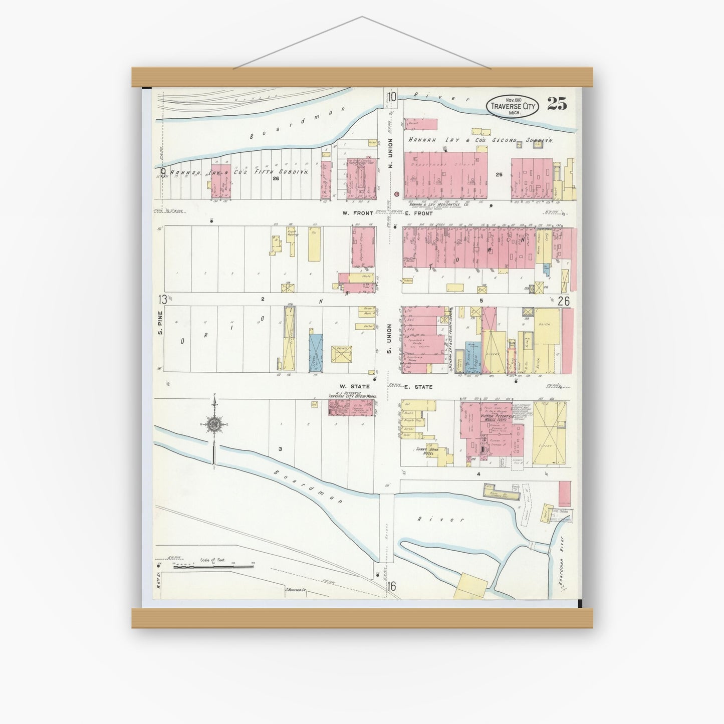 Old map wall art mockup — magnetic wood frame on white wall — Sanborn Fire Insurance Map from Traverse City, Grand Traverse County, Michigan (1910), Sheet #0025