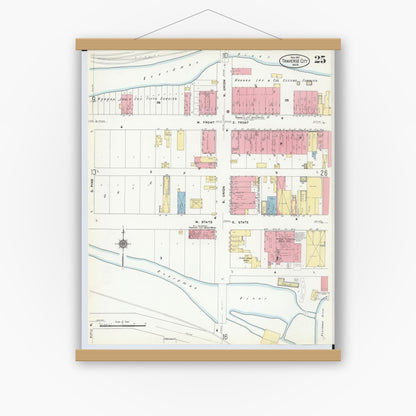 Old map wall art mockup — magnetic wood frame on white wall — Sanborn Fire Insurance Map from Traverse City, Grand Traverse County, Michigan (1910), Sheet #0025