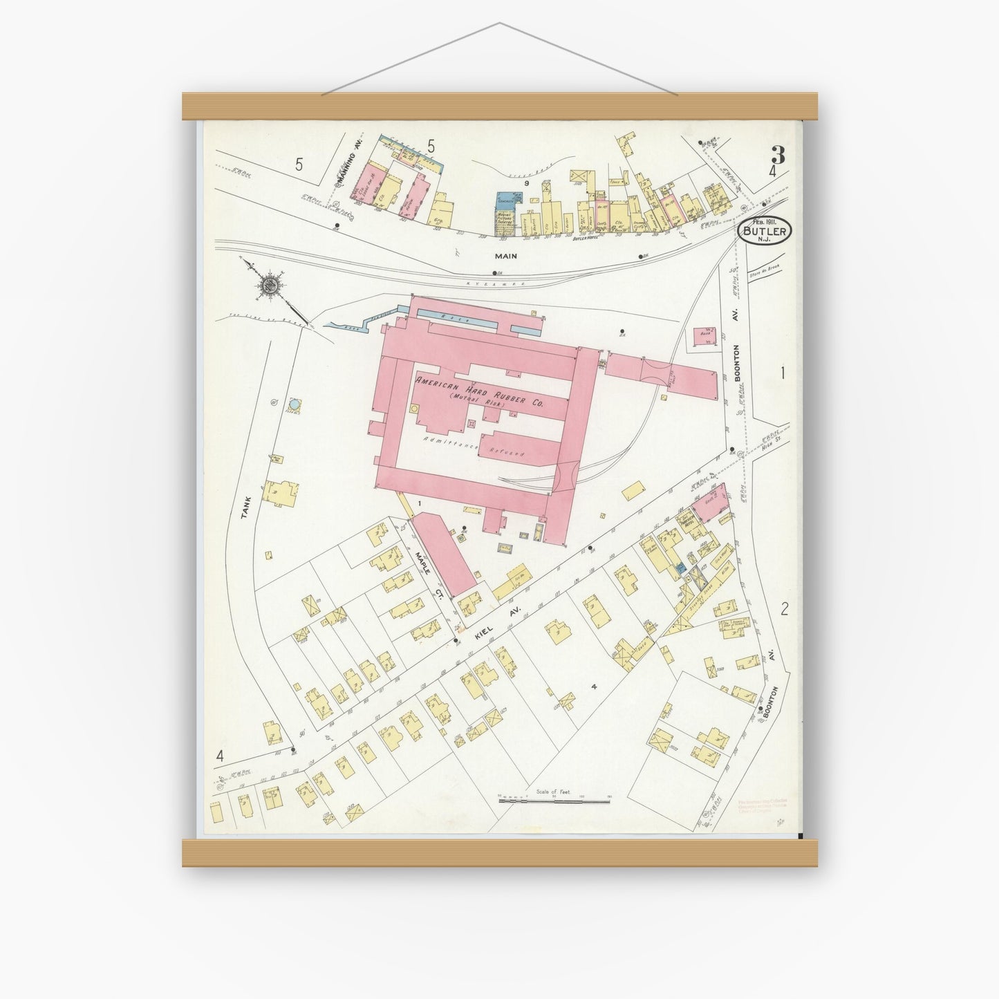 Old map wall art mockup — magnetic wood frame on white wall — Sanborn Fire Insurance Map from Butler, Morris County, New Jersey (1911), Sheet #0003
