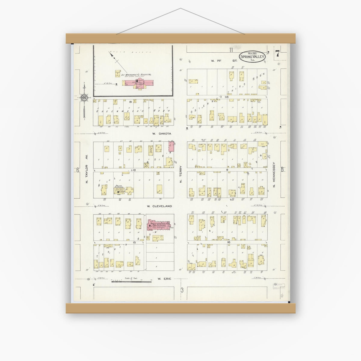 Old map wall art mockup — magnetic wood frame on white wall — Sanborn Fire Insurance Map from Spring Valley, Bureau County, Illinois (1913), Sheet #0007