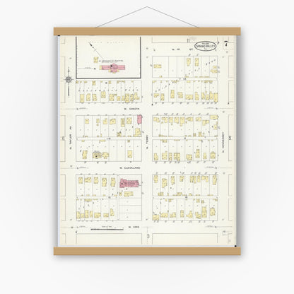 Old map wall art mockup — magnetic wood frame on white wall — Sanborn Fire Insurance Map from Spring Valley, Bureau County, Illinois (1913), Sheet #0007