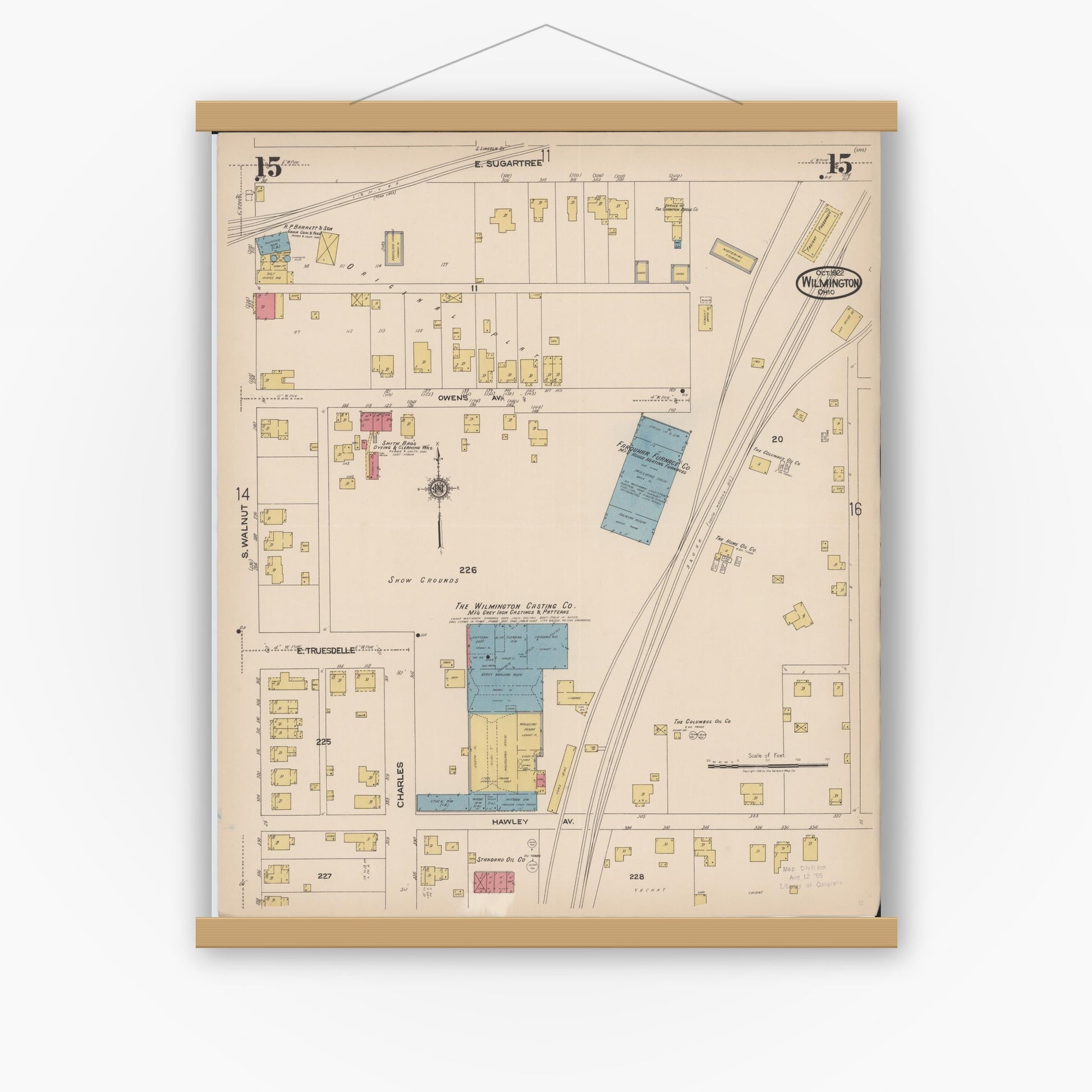 Old map wall art mockup — magnetic wood frame on white wall — Sanborn Fire Insurance Map from Wilmington, Clinton County, Ohio (1922), Sheet #0015