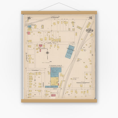 Old map wall art mockup — magnetic wood frame on white wall — Sanborn Fire Insurance Map from Wilmington, Clinton County, Ohio (1922), Sheet #0015