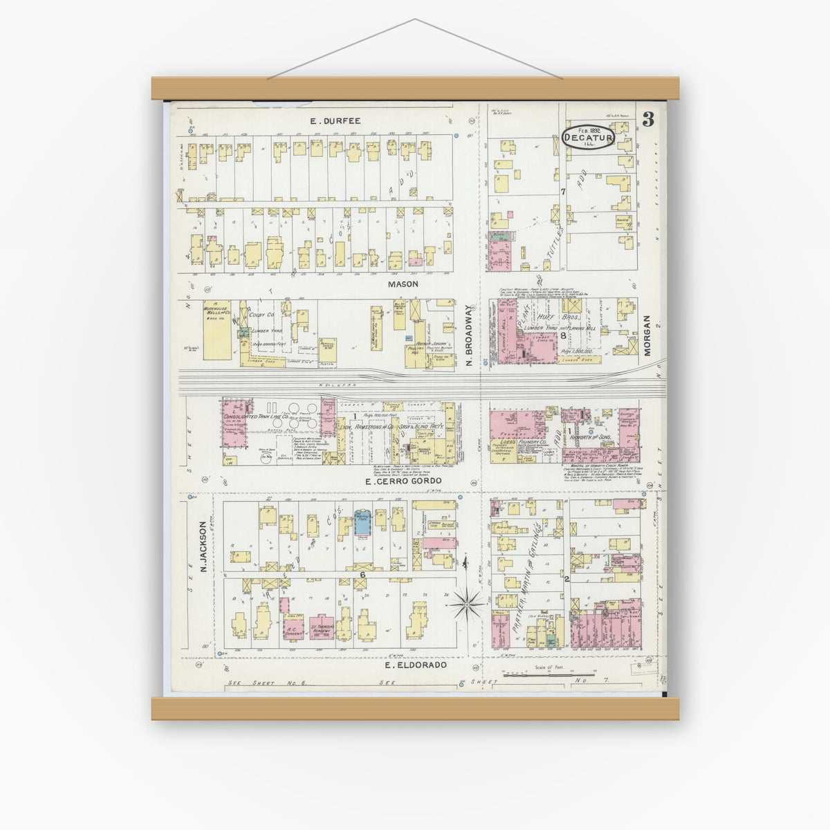 Old map wall art mockup — magnetic wood frame on white wall — Sanborn Fire Insurance Map from Decatur, Macon County, Illinois (1892), Sheet #0003