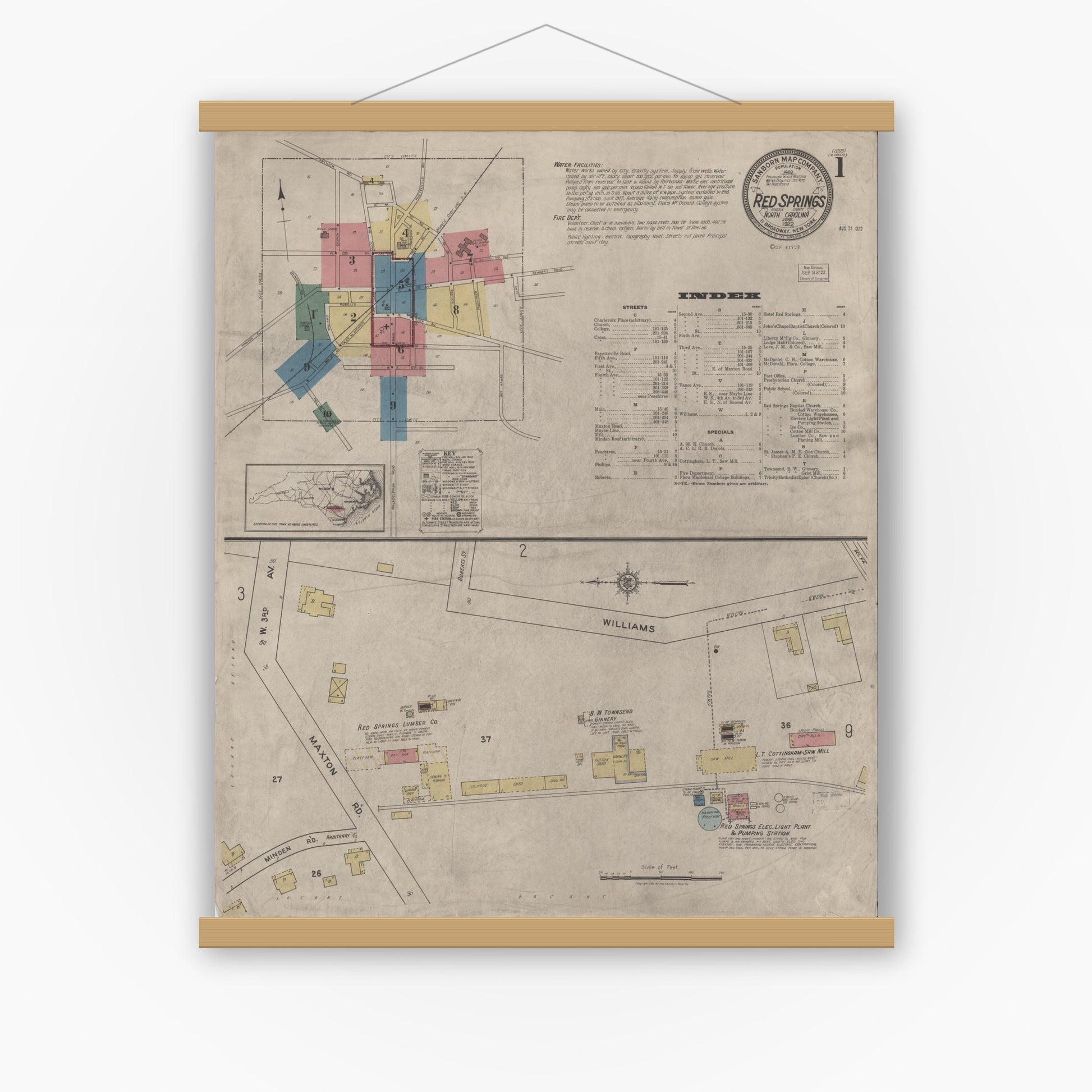 Old map wall art mockup — magnetic wood frame on white wall — Sanborn Fire Insurance Map from Red Springs, Robeson County, North Carolina (1922) - Complete Map Set