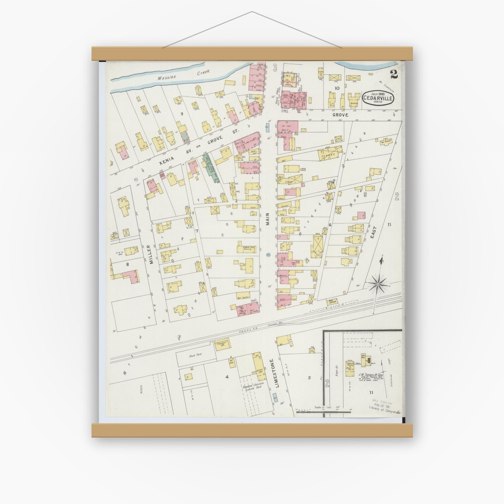 Old map wall art mockup — magnetic wood frame on white wall — Sanborn Fire Insurance Map from Cedarville, Greene County, Ohio (1895), Sheet #0002