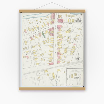 Old map wall art mockup — magnetic wood frame on white wall — Sanborn Fire Insurance Map from Cedarville, Greene County, Ohio (1895), Sheet #0002