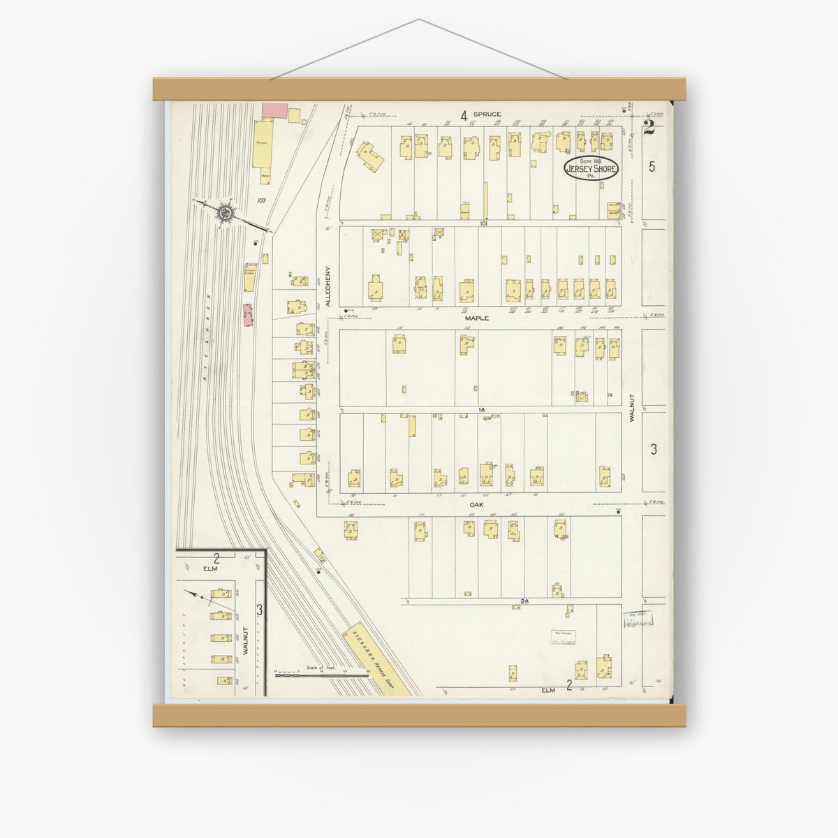 Old map wall art mockup — magnetic wood frame on white wall — Sanborn Fire Insurance Map from Jersey Shore, Lycoming County, Pennsylvania (1913), Sheet #0002