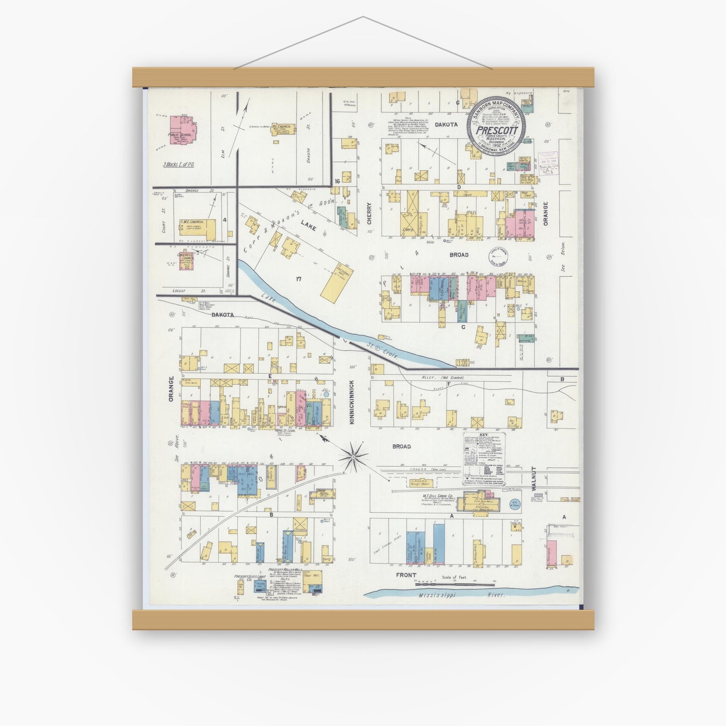 Old map wall art mockup — magnetic wood frame on white wall — Sanborn Fire Insurance Map from Prescott, Pierce County, Wisconsin (1902), Sheet #0001