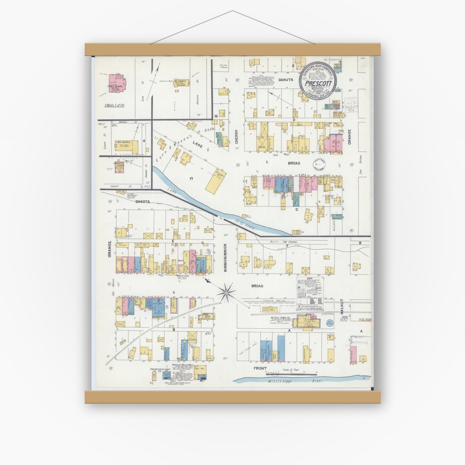 Old map wall art mockup — magnetic wood frame on white wall — Sanborn Fire Insurance Map from Prescott, Pierce County, Wisconsin (1902), Sheet #0001