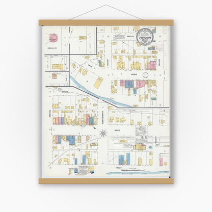 Old map wall art mockup — magnetic wood frame on white wall — Sanborn Fire Insurance Map from Prescott, Pierce County, Wisconsin (1902), Sheet #0001