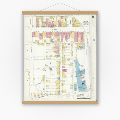 Old map wall art mockup — magnetic wood frame on white wall — Sanborn Fire Insurance Map from Tamaqua, Schuylkill County, Pennsylvania (1908), Sheet #0009