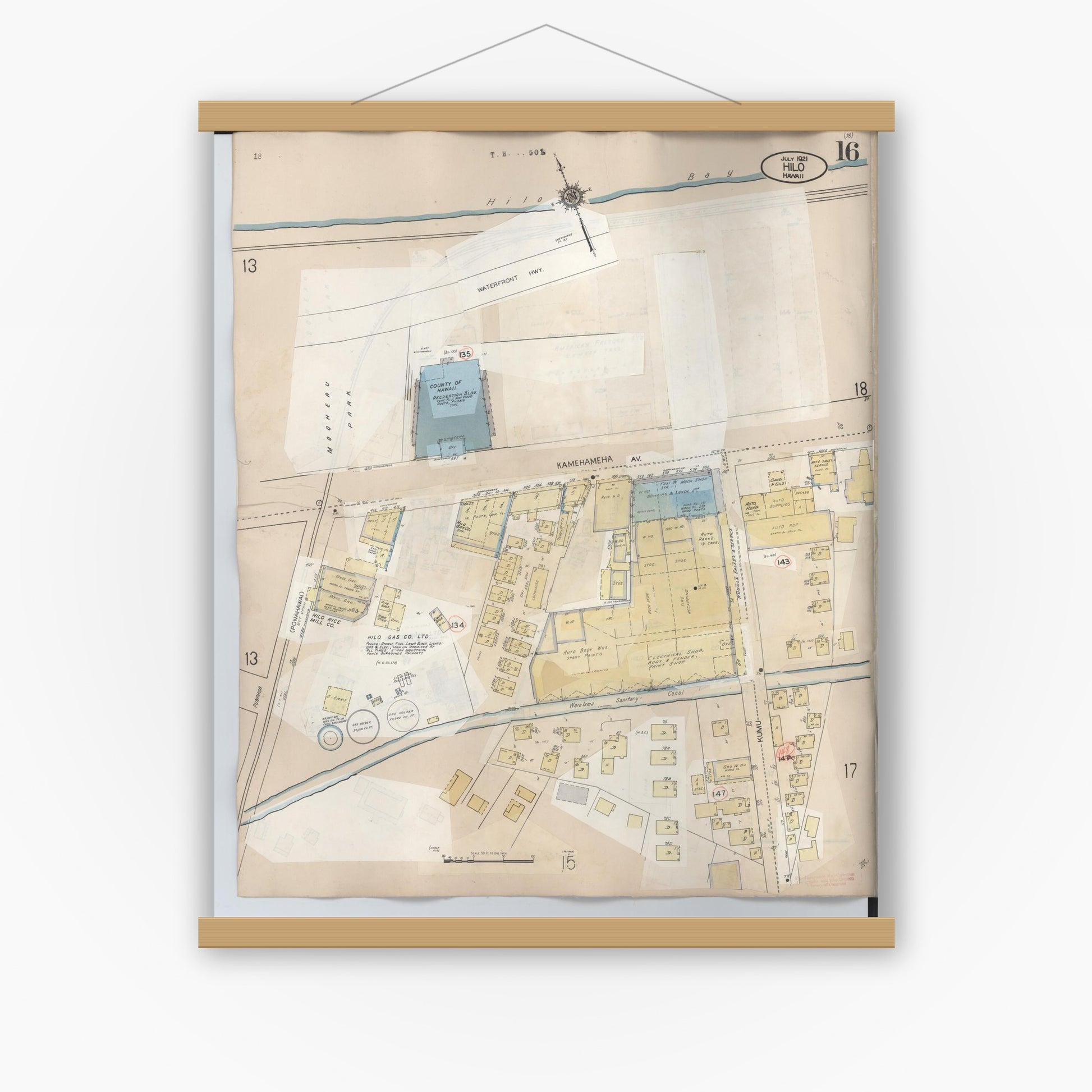 Old map wall art mockup — magnetic wood frame on white wall — Sanborn Fire Insurance Map from Hilo, Hawaii County, Hawaii (1957), Sheet #0016