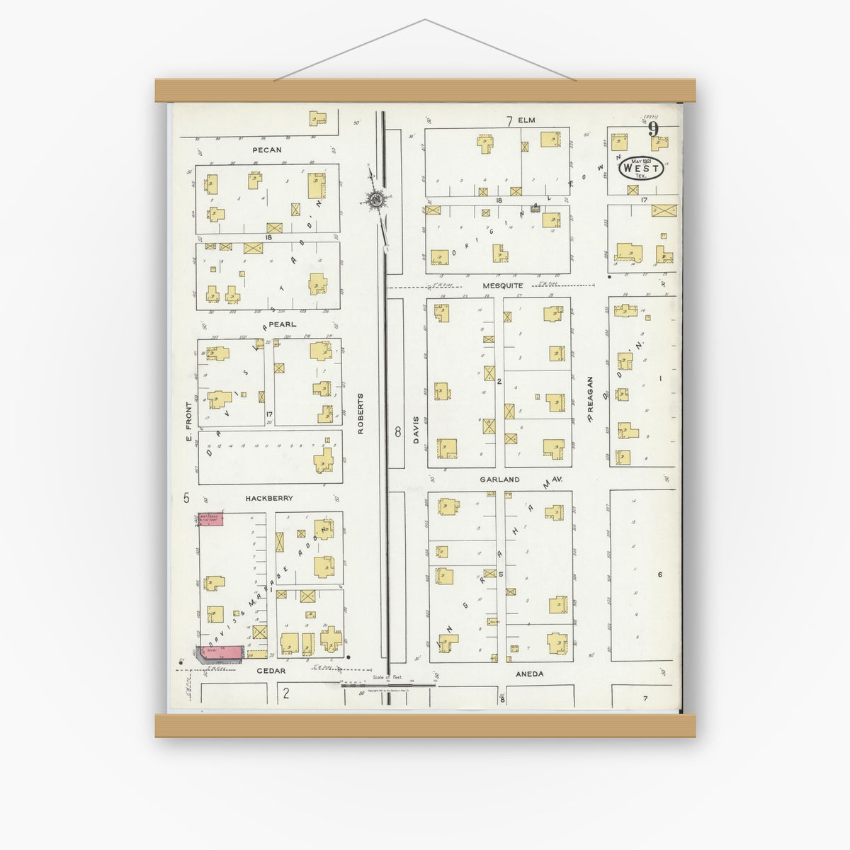 Old map wall art mockup — magnetic wood frame on white wall — Sanborn Fire Insurance Map from West, McLennan County, Texas (1921), Sheet #0009