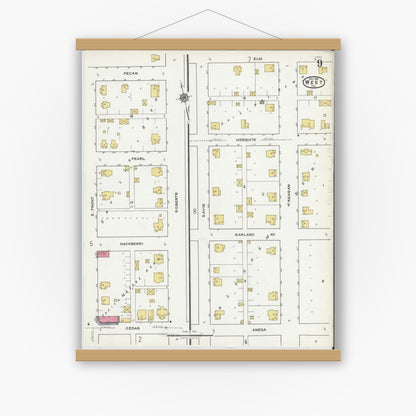 Old map wall art mockup — magnetic wood frame on white wall — Sanborn Fire Insurance Map from West, McLennan County, Texas (1921), Sheet #0009