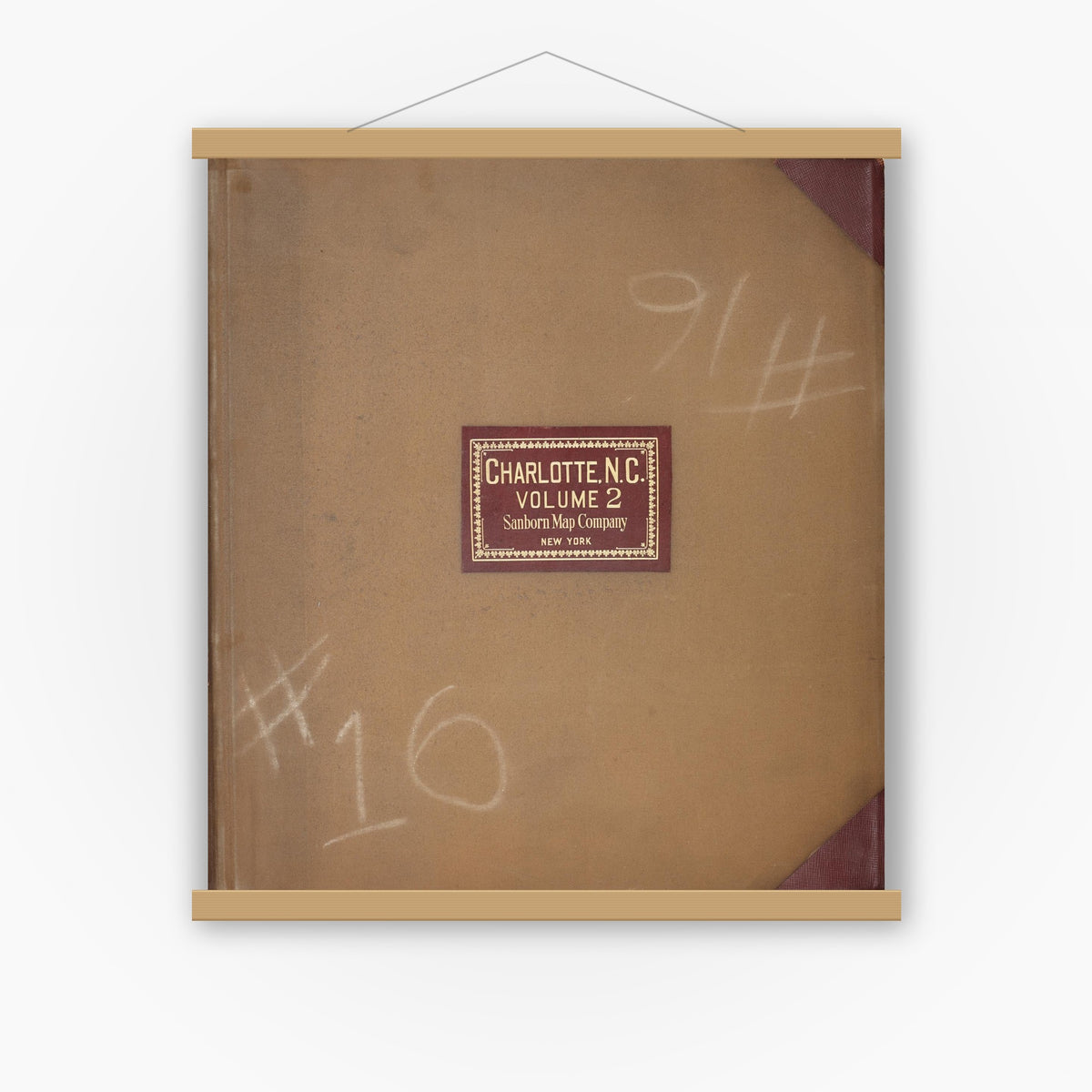 Old map wall art mockup — magnetic wood frame on white wall — Sanborn Fire Insurance Map from Charlotte, Mecklenburg County, North Carolina (1950), Sheet #0001