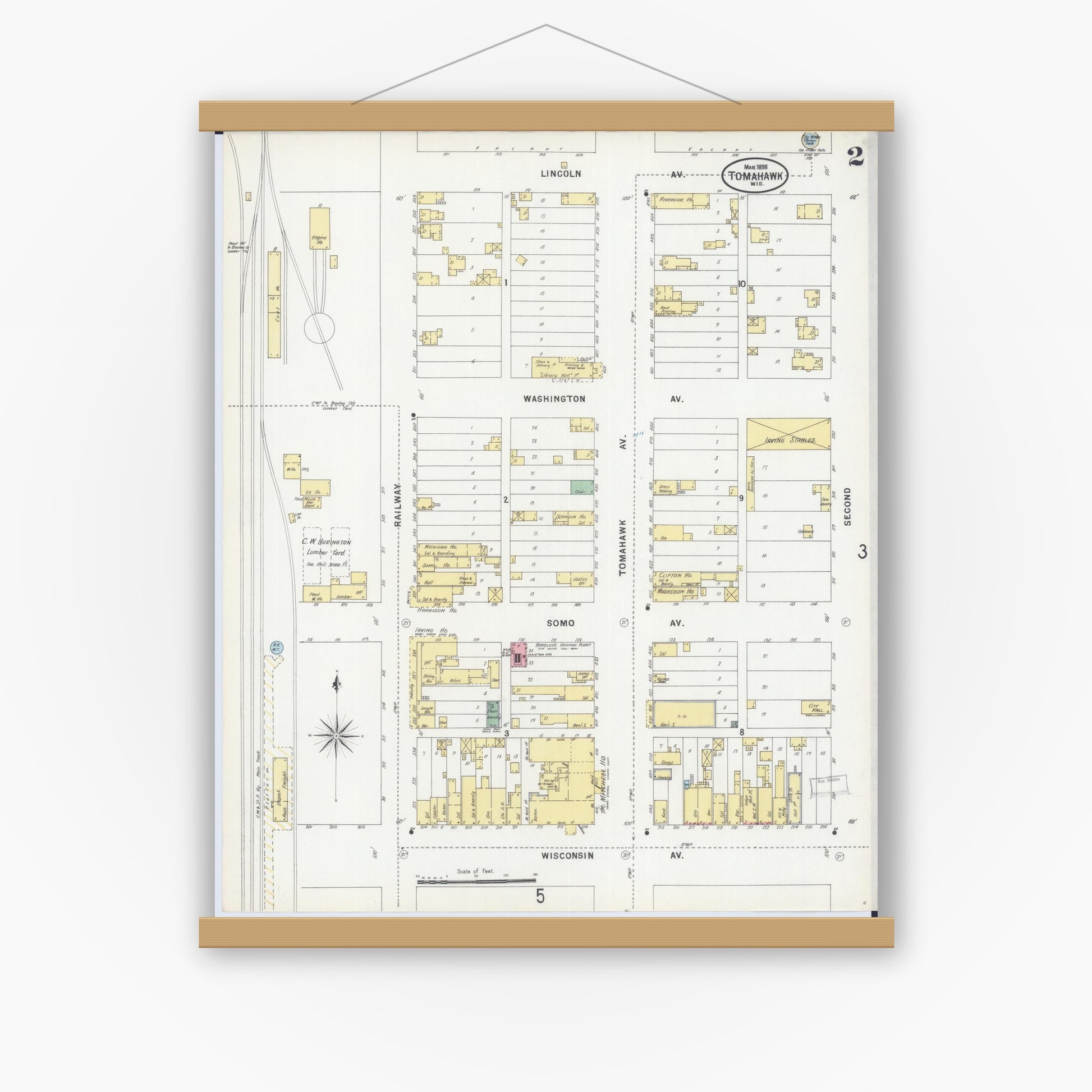 Old map wall art mockup — magnetic wood frame on white wall — Sanborn Fire Insurance Map from Tomahawk, Lincoln County, Wisconsin (1898), Sheet #0002