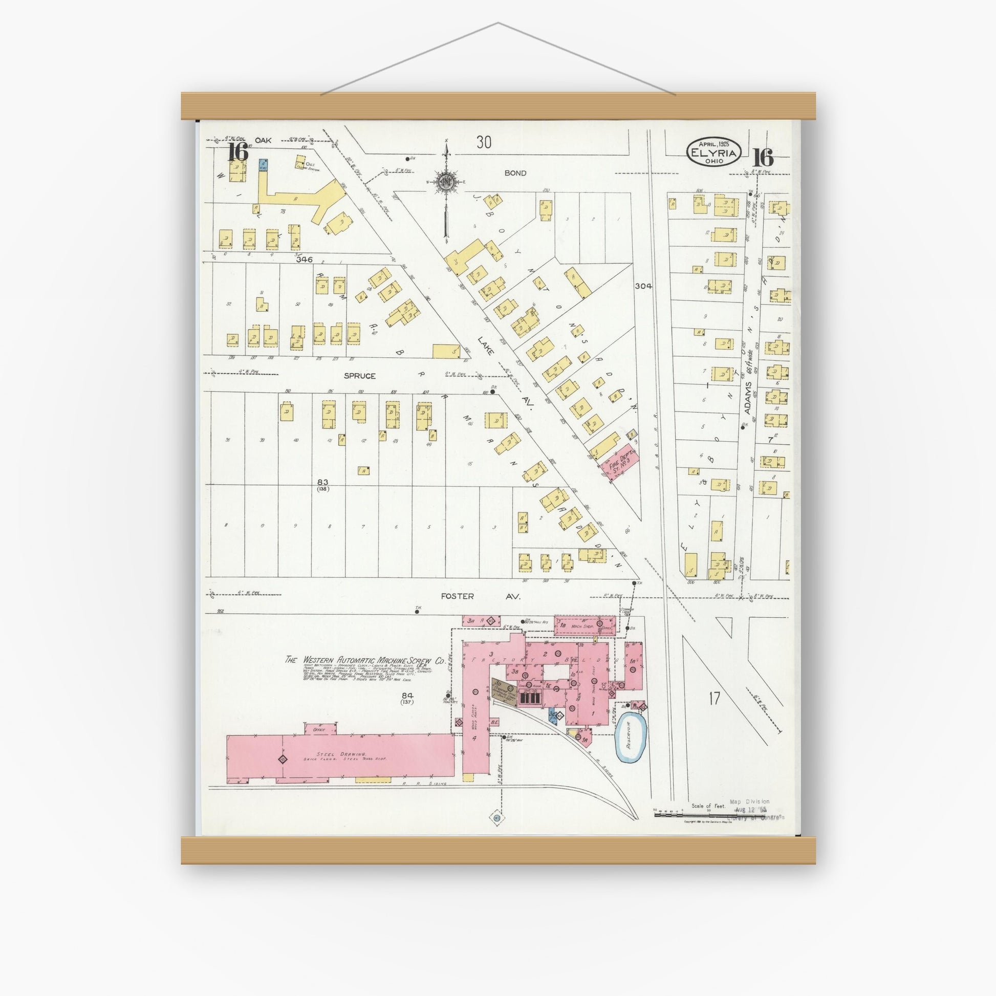 Old map wall art mockup — magnetic wood frame on white wall — Sanborn Fire Insurance Map from Elyria, Lorain County, Ohio (1925), Sheet #0016