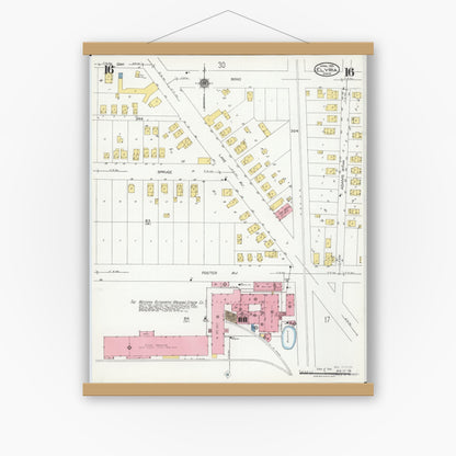 Old map wall art mockup — magnetic wood frame on white wall — Sanborn Fire Insurance Map from Elyria, Lorain County, Ohio (1925), Sheet #0016