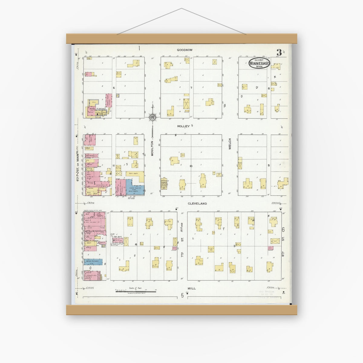 Old map wall art mockup — magnetic wood frame on white wall — Sanborn Fire Insurance Map from Winnebago, Faribault County, Minnesota (1917), Sheet #0003