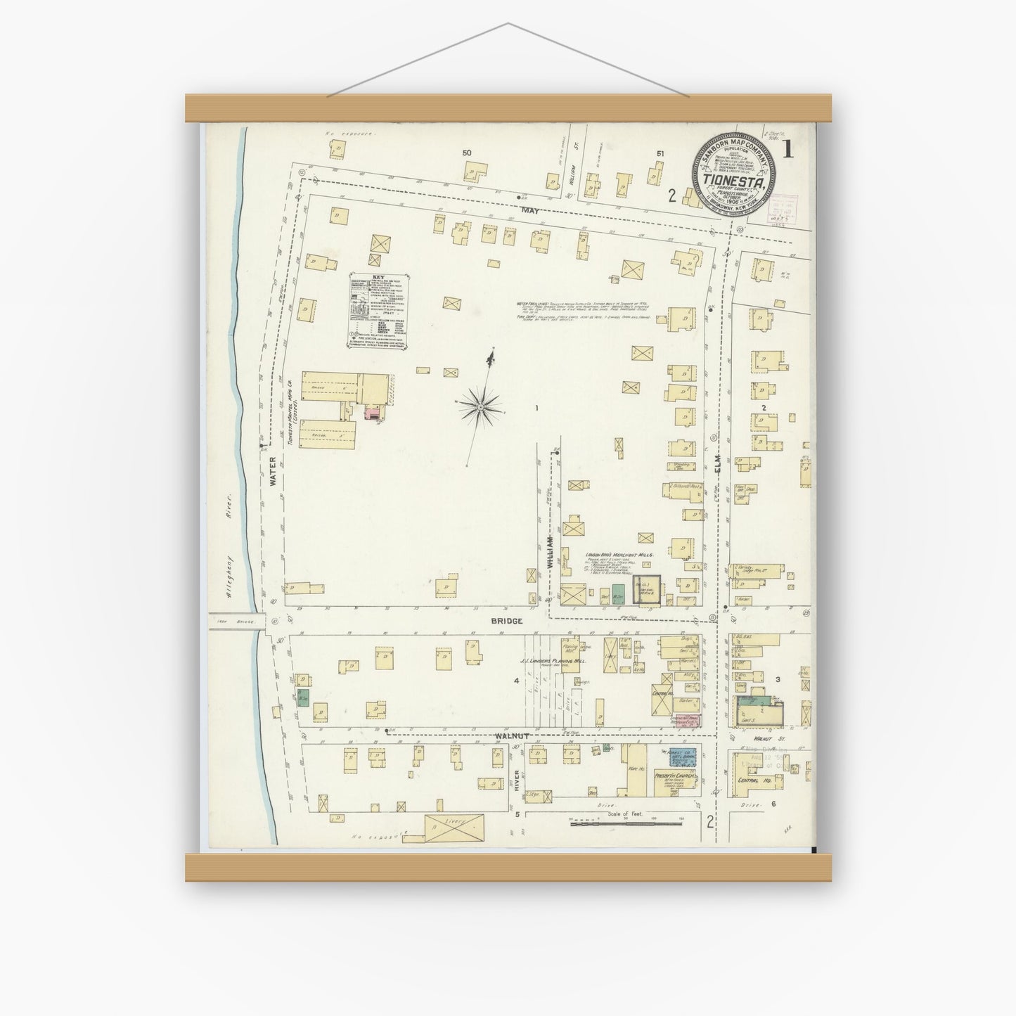 Old map wall art mockup — magnetic wood frame on white wall — Sanborn Fire Insurance Map from Tionesta, Forest County, Pennsylvania (1906), Sheet #0001